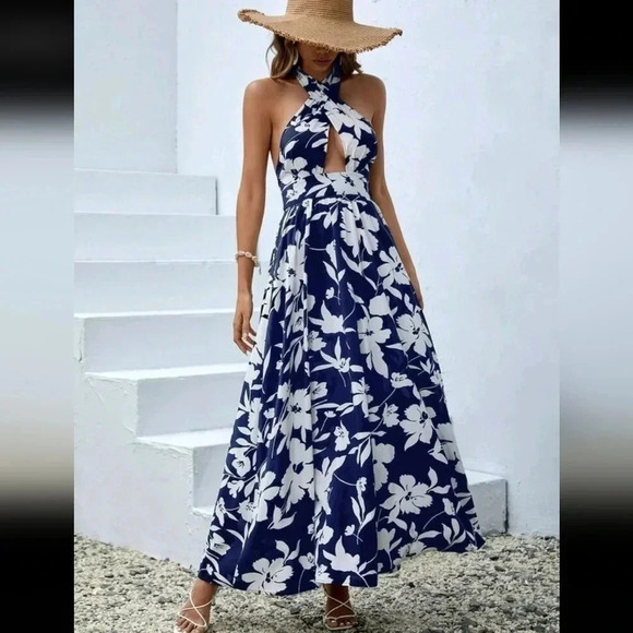 Floral Print Cut Out Halter Neck Backless Dress - Picture 1 of 7